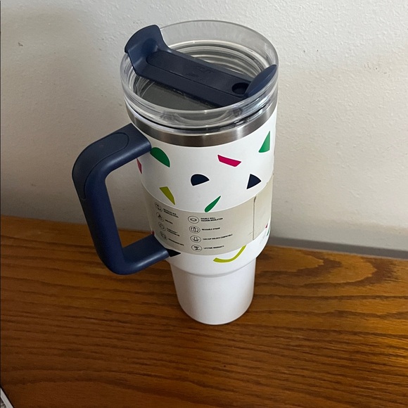 Stanley White Tumbler with Blue Handle and Colorful Accents - Picture 3 of 4